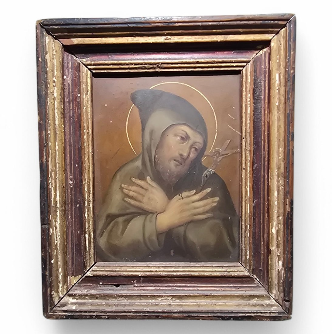 17th Century Colonial School - Saint Francis of Assisi: An exceptional 17th-century oil painting on copper depicting Saint Francis of Assisi in a moment of profound devotion. The work is notable for its refined details, characteristic of the period, with s
