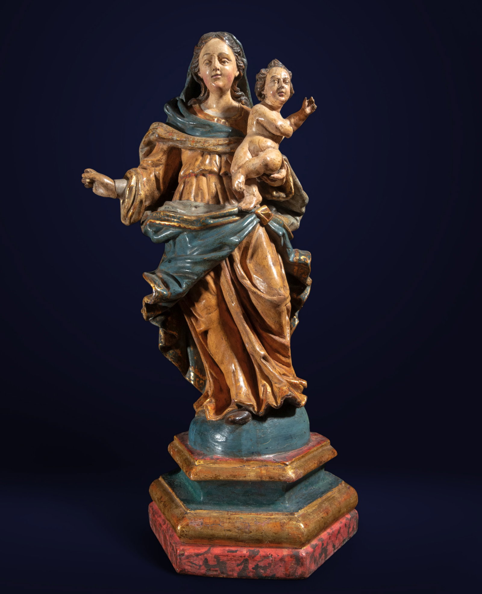 17th Century Spanish School - Virgin and Child: Carved, polychrome, gilded, and embossed wood. Dimensions: 64 x 17 x 36 cm.