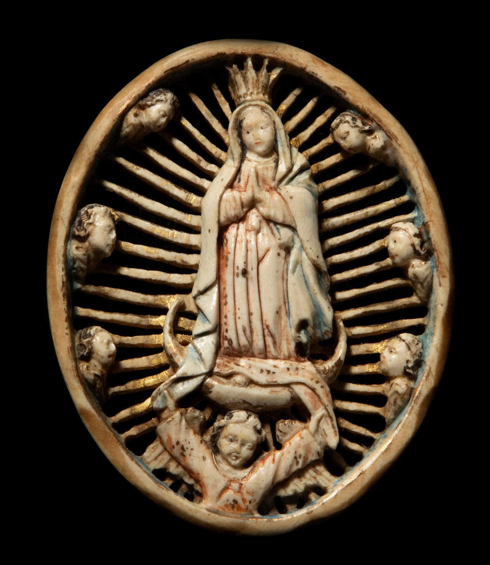 Exquisite 17th-century colonial medallion of the Virgin of Guadalupe in bone (1 of 2)