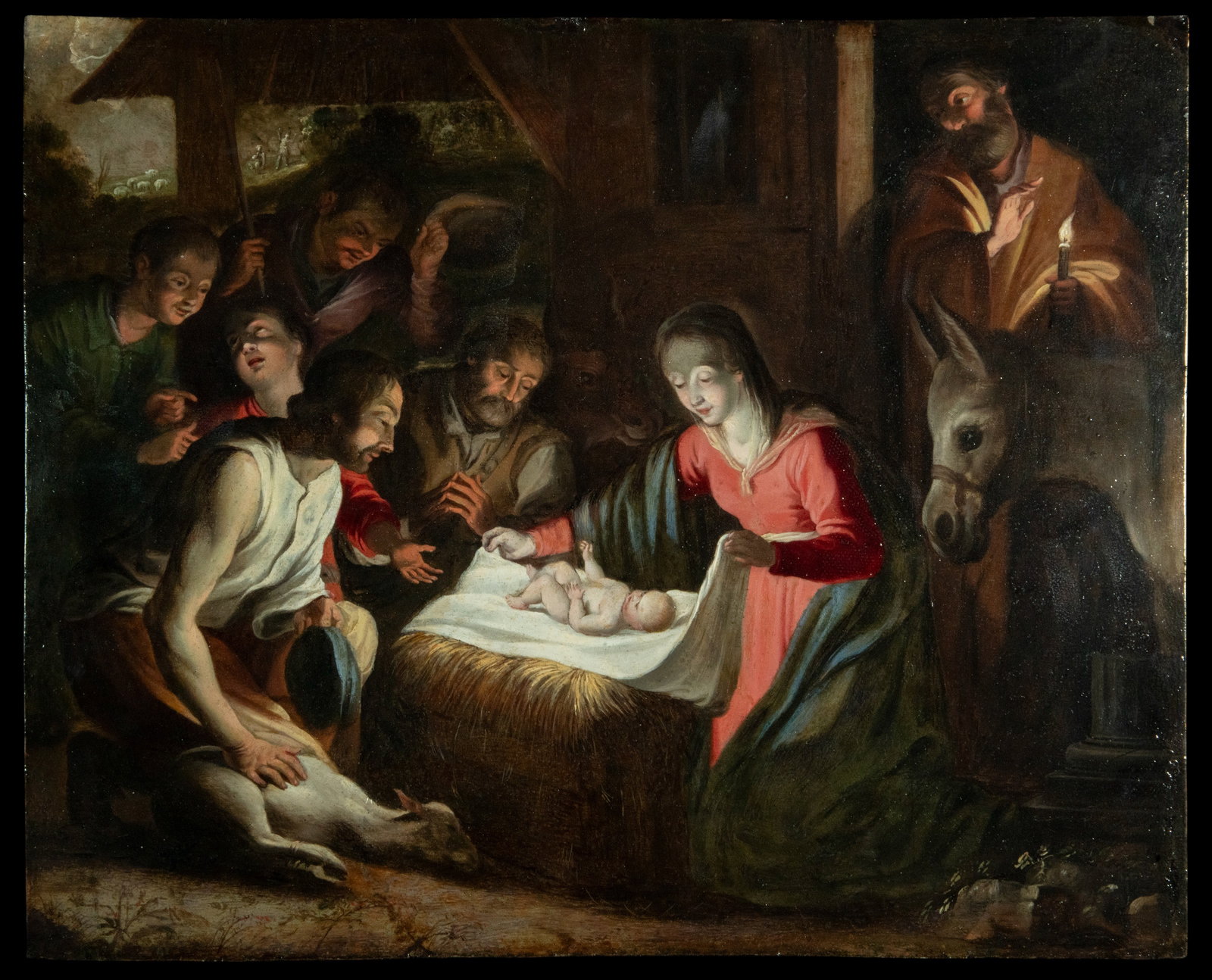 CORNELIS DE VOS (1584- Amberes, 1651), 17TH CENTURY FLEMISH, Exquisite Adoration of the Shepherds on: Oil on canvas. Measurements 38 x 50 cm and 40 x 50 cm. Nocturnal Nativity scene set within the interior of a rustic stable, structured around a powerful light source emanating from the body of the Chr