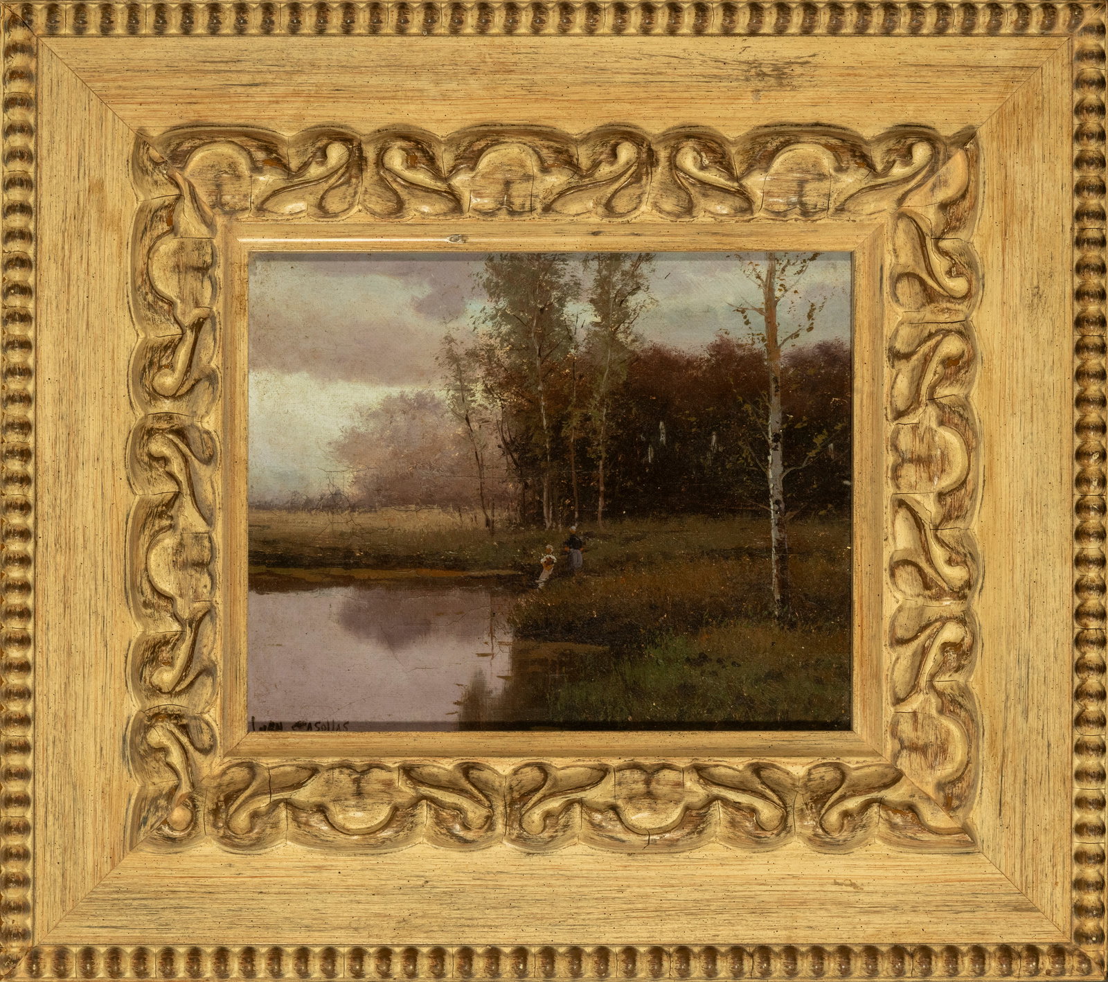 JUAN CASELLAS (MALAGA, 1957) - Riverside Landscape: Oil on canvas, canvas dimensions: 23 x 27 cm, framed dimensions: 40 x 47 cm