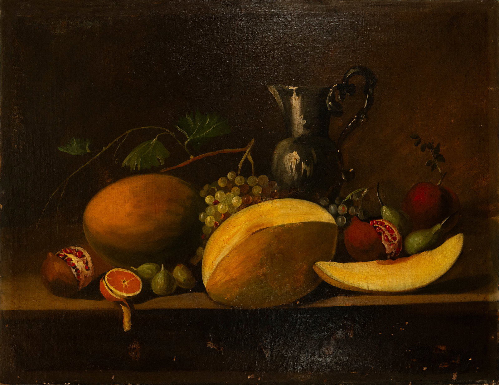 Still Life with Grapes, Fruit, and a Jug. Spanish School. Late 18th Century: Oil on canvas. Composition centered on a group of fruits arranged on a stone ledge, evoking the visual language of Spanish still life paintings in the Baroque tradition. Two melons stand out, one whol