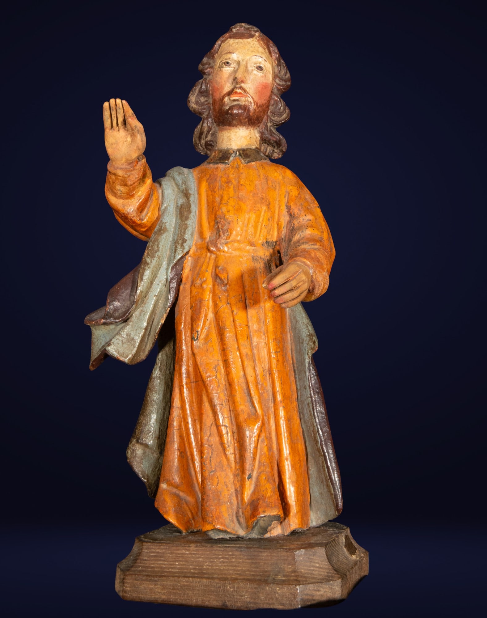 Santon, Goa, India, 17th century: Carved, polychrome, and gilded wood. 37 x 13 x 12 cm.