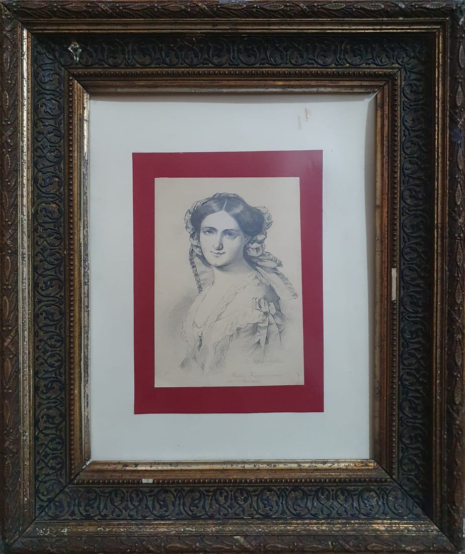 Charcoal Portrait of Princess Karola, Crown Princess, by FG ??Waldemuller: 18x13.5cm. Framed: 46x39cm