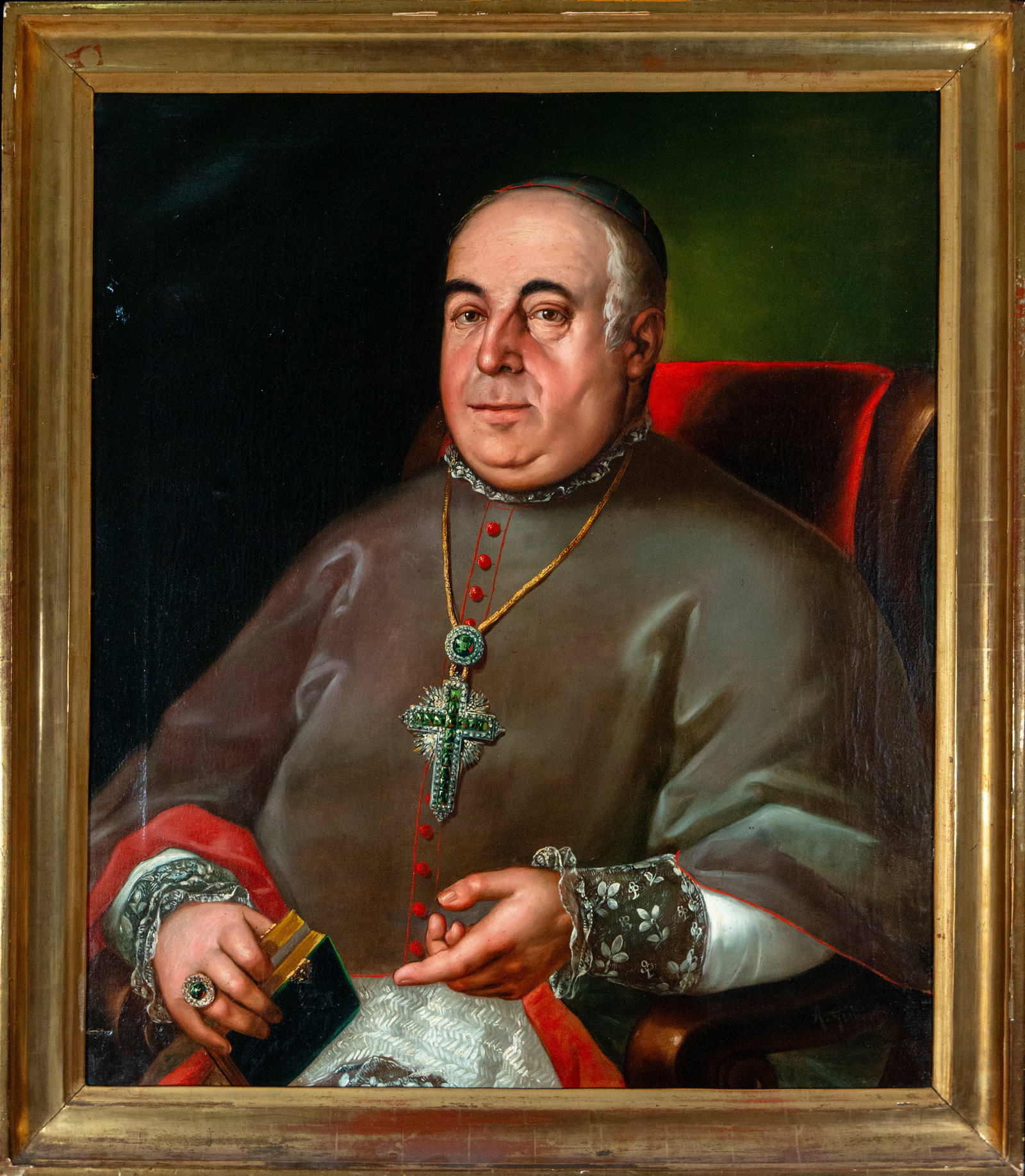 Monseñor. Signed Antonio Gisbert. Spanish School. 19th Century.: Oil on canvas. Signed. Dimensions: 80 x 66 cm; framed: 90 x 78 cm. Half-length portrait of a prelate seated with a serene expression, holding a book. The figure is distinguished by the richness of his
