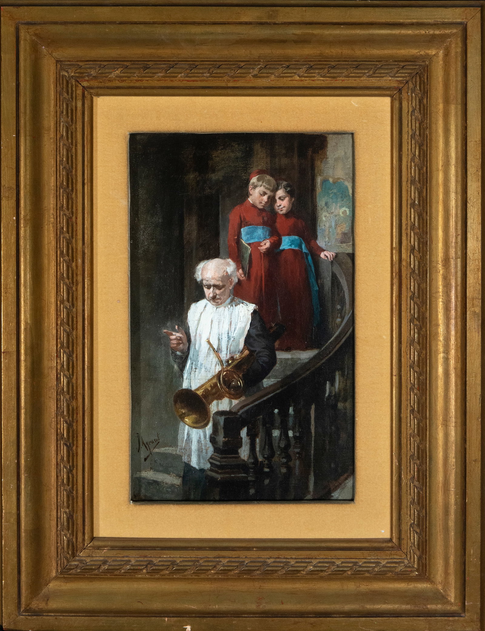 Sacristan and altar boys. Signed. Joaquin Agrasot Juan (Orihuela, 24 de diciembre de 1836-Valencia,: Oil on canvas. Dimensions: 37 x 23 cm; framed: 63 x 45 cm. Inside a church, a sacristan carries a trumpet as he descends a staircase, followed by two young altar boys. The scene captures an intimate m