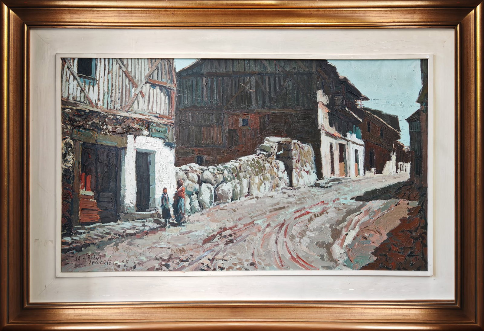 Village Landscape "The Pool", by Eustaquio Segrelles del Pilar (Albaida, Valencia, 1936): Measurements: 70 x 120 cm