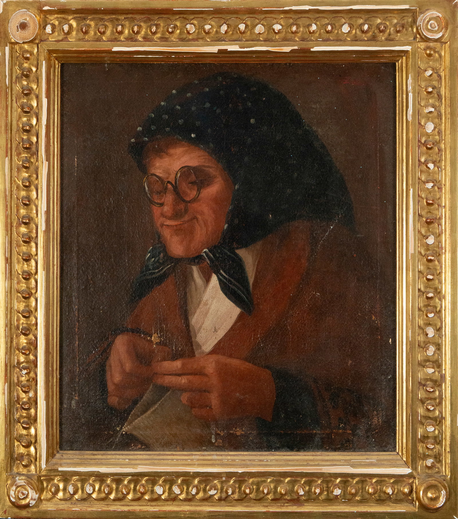 Portrait of an old woman by Mariano Alenza from the early 19th century with documentation: Oil on canvas. Measurements: 45 cm x 42 cm and 57 cm x 54 cm