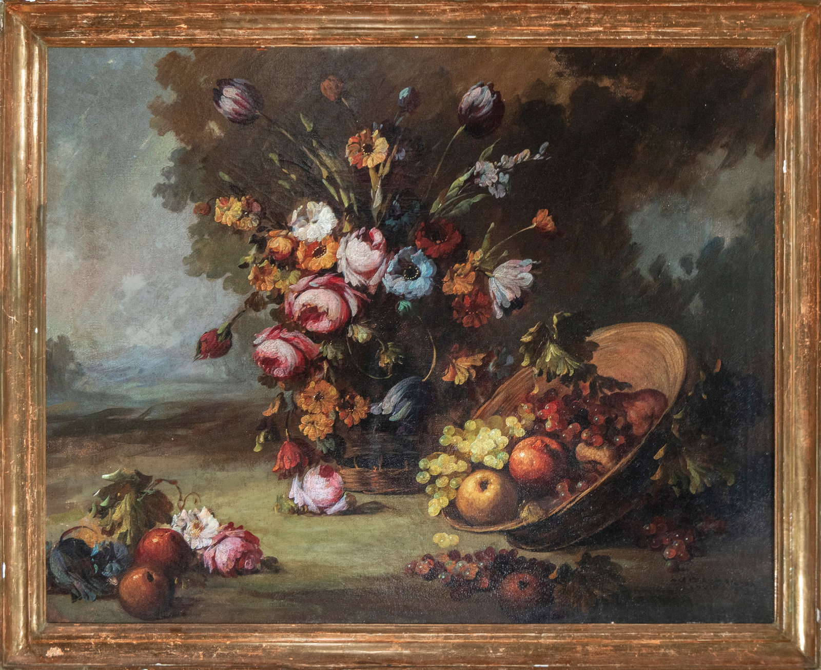 José Palomar. Still Life. 19th Century.: Oil on canvas. Dimensions: 113 x 92 cm unframed, 105 x 83 cm framed. A genre scene executed with remarkable mastery in the application of color and light. The fluid brushstrokes and balanced compositi