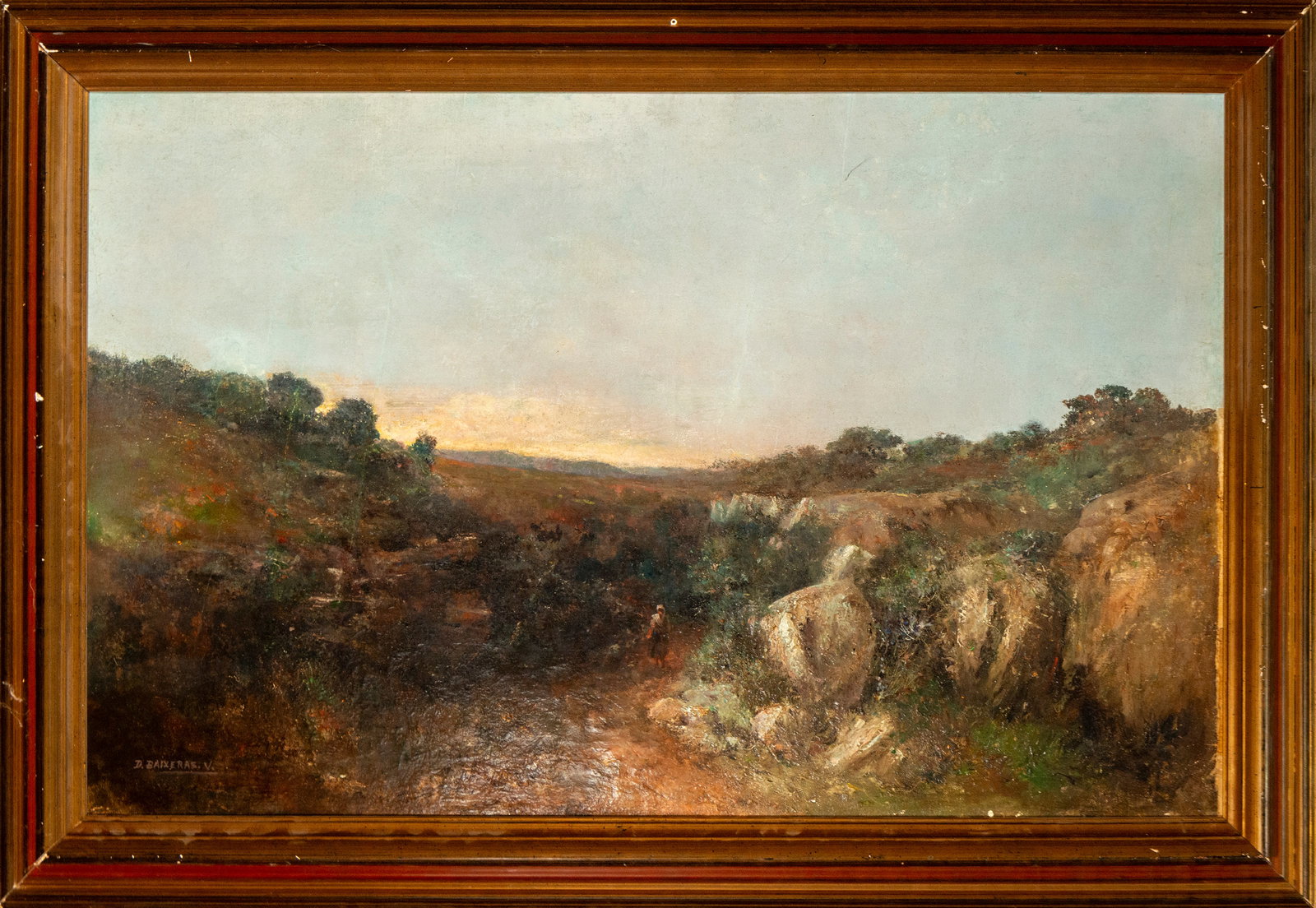 Dionís Baixeras - Spanish School. 19th Century.: Oil on canvas. Dimensions: 116 x 79 cm unframed, 100 x 64 cm framed. A naturalistic landscape with an open horizon, in which the artist captures the atmosphere with loose brushstrokes and earthy tones