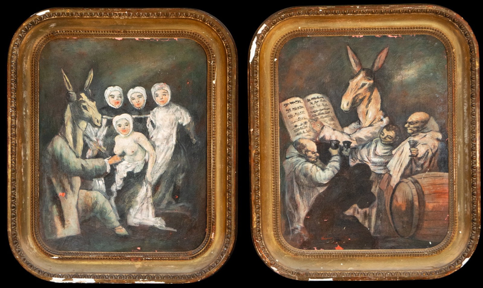 Pair of oil paintings on panel. Spanish School. 19th century.: Pair of oil paintings on panel. Dimensions: 63 x 50 cm with frame, 50 x 40 cm without frame. Satirical scenes with characters having zoomorphic heads (donkeys) and human figures, developed in a morali