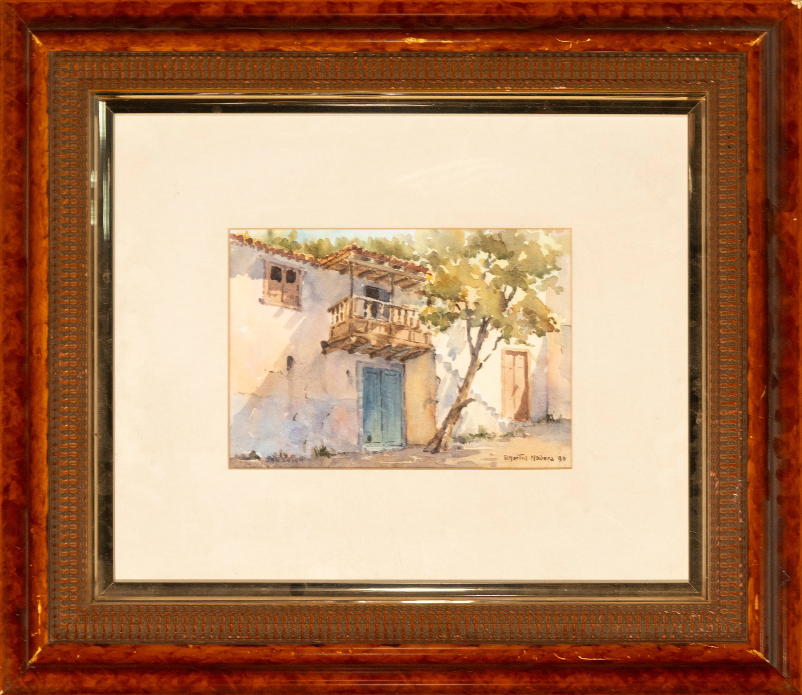 Traditional Canarian house. Pablo Martín Madera. 20th century.: Watercolor on paper. Dimensions: 22 x 18 cm unframed, 58 x 53 cm framed. Urban landscape with a traditional Canarian house, rendered with the characteristic freshness and lightness of Pablo Martín Ma