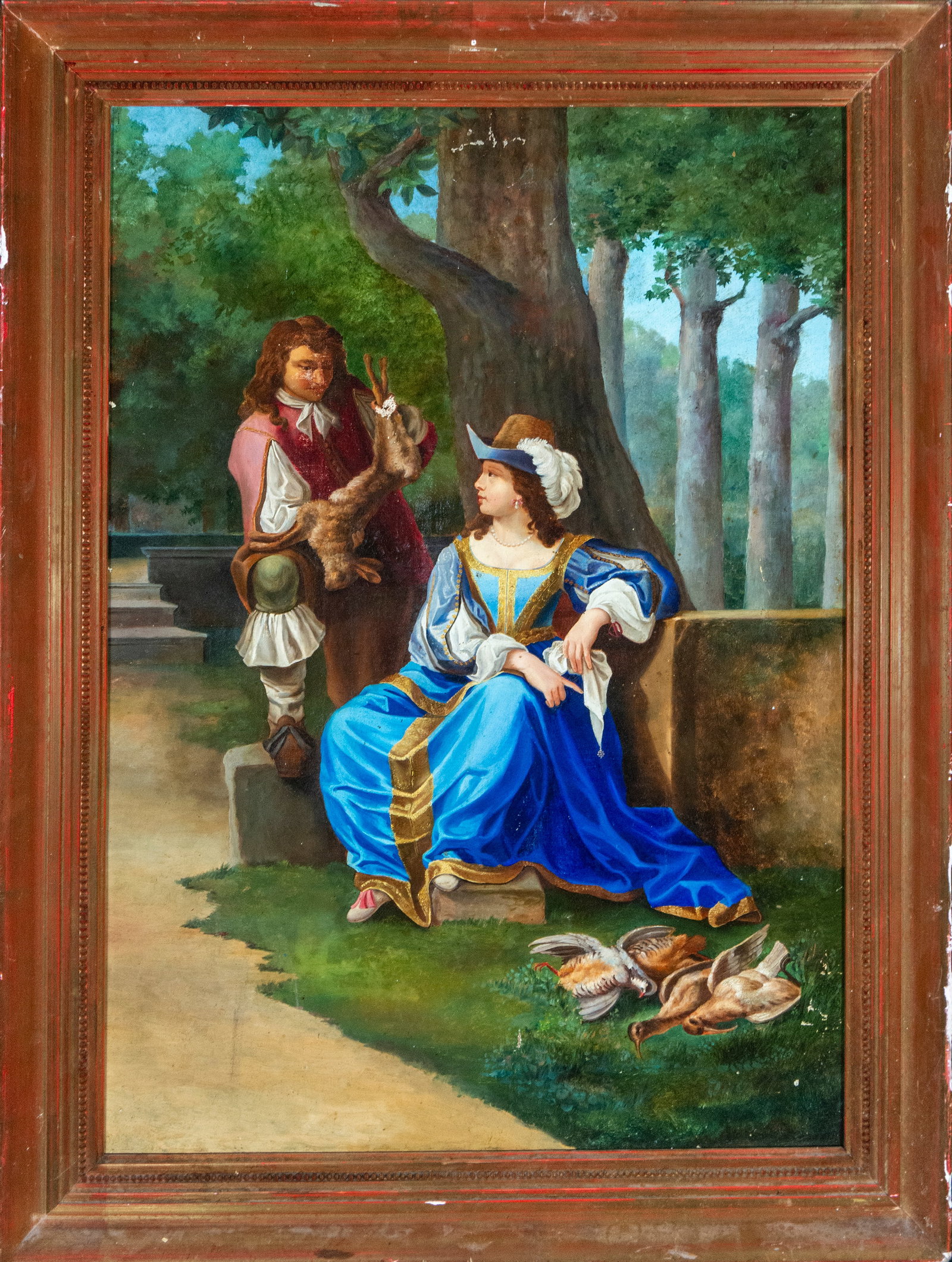 Gallant scene in a garden. Spanish School. 19th century.: Oil on canvas. Dimensions: 71 x 50 cm unframed, 83 x 62 cm framed. A gallant scene set in an aristocratic environment, with elegantly dressed figures conversing outdoors. The careful composition, the