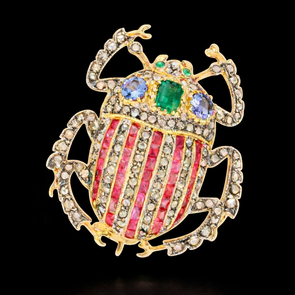 Scarab-shaped brooch with rubies, emeralds, tanzanites and diamonds: Figurative brooch in the shape of a scarab beetle, crafted in 925 sterling silver with gilt plating throughout and a 14-karat gold pin. The insect's body features a rich combination of colored gemston