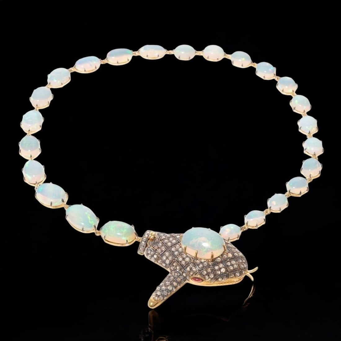 Opal necklace with diamonds: This necklace, crafted from 925 sterling silver with a gilt finish, features a series of opals and culminates in a central motif set with rose-cut diamonds. It contains approximately twenty-three opal