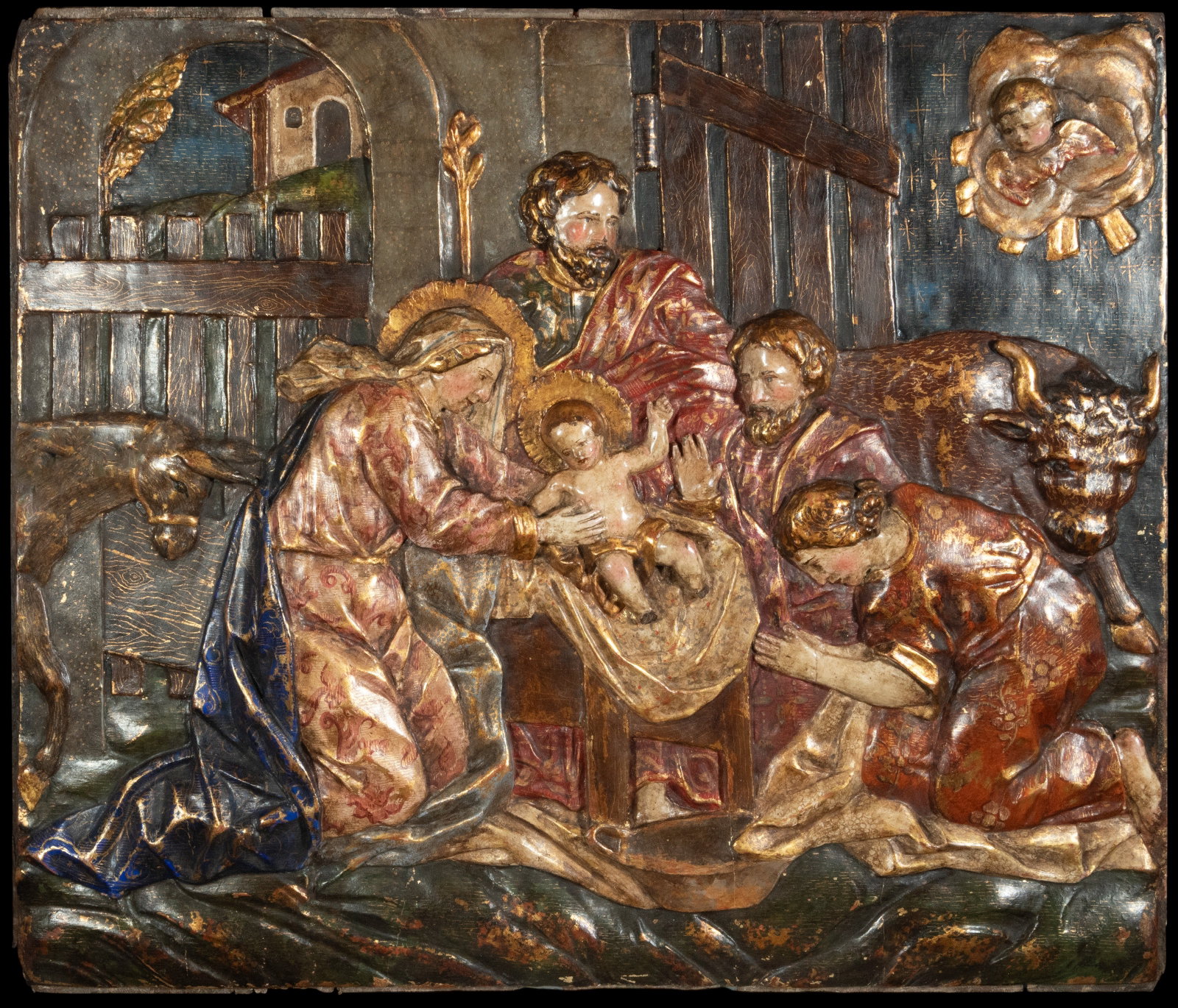 Important Plateresque Renaissance Relief circa 1540-1550, 16th century: Made of oak, with original polychromy and gilding. Provenance: important private collection. 60 x 65 cm.