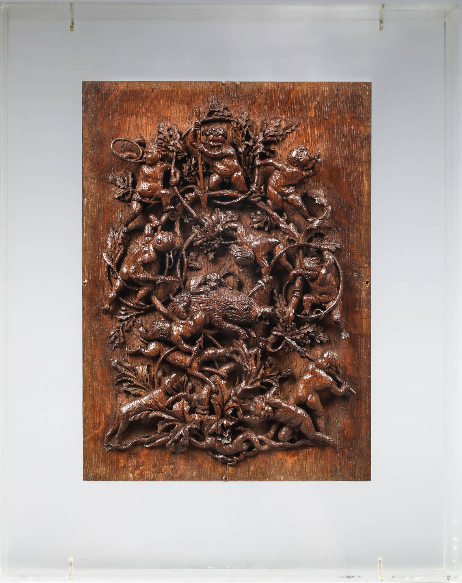 Finely carved French Louis XV relief in openwork high relief depicting a boar hunt with cherubs and (1 of 2)