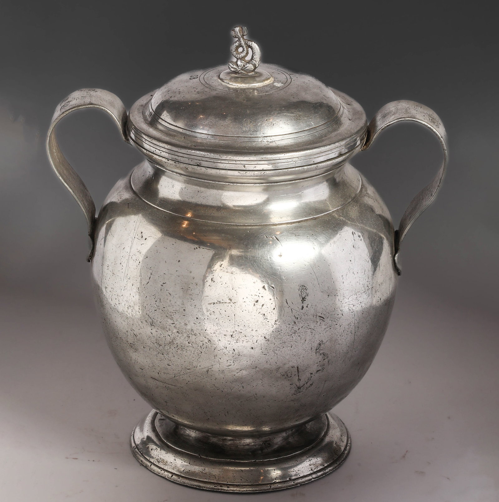 French baluster planter with a globular body and two scrolled handles. Tin. Height 34 cm x Length 28 (1 of 4)