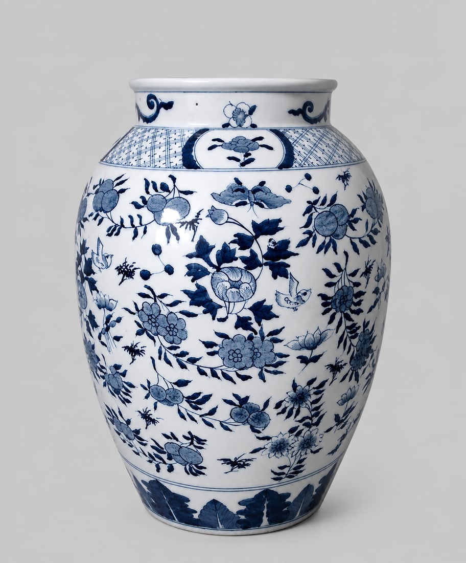 Tall ovoid vase on a flat base with a cylindrical neck in thick white-glazed porcelain decorated on (1 of 2)