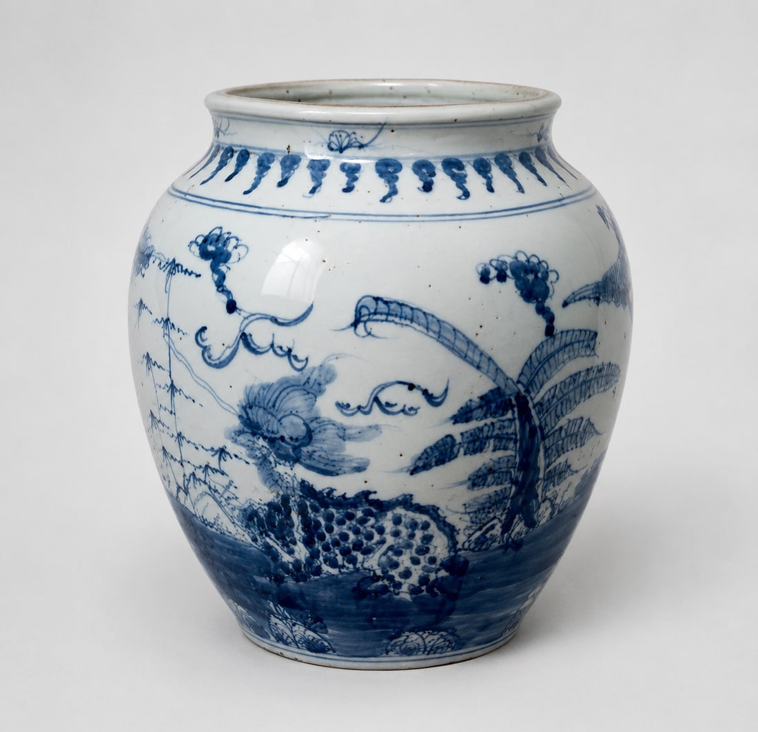 White porcelain vase decorated on a cobalt blue cover with qilin chimeras in a grove. China, Qing: China, Qing dynasty. Late 19th - early 20th century. Diameter 16 cm at the neck x height 26 cm. China - Tibet - Ming - Qing - Oriental Art - Asian Art - Chinese Art. Provenance: Property of an importa