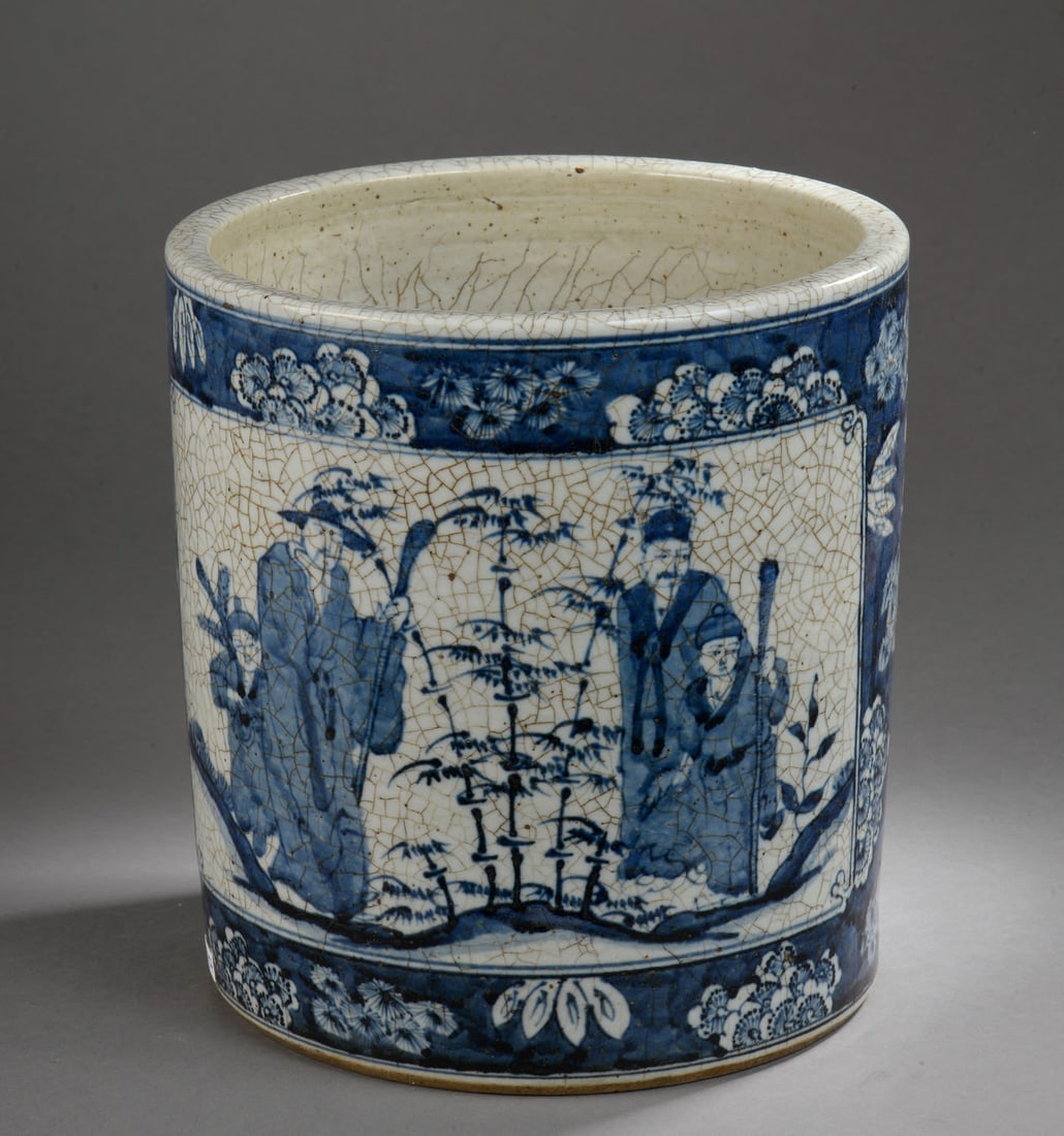 Cylindrical toilet brush holder in white and blue porcelain decorated with characters and floral (1 of 4)