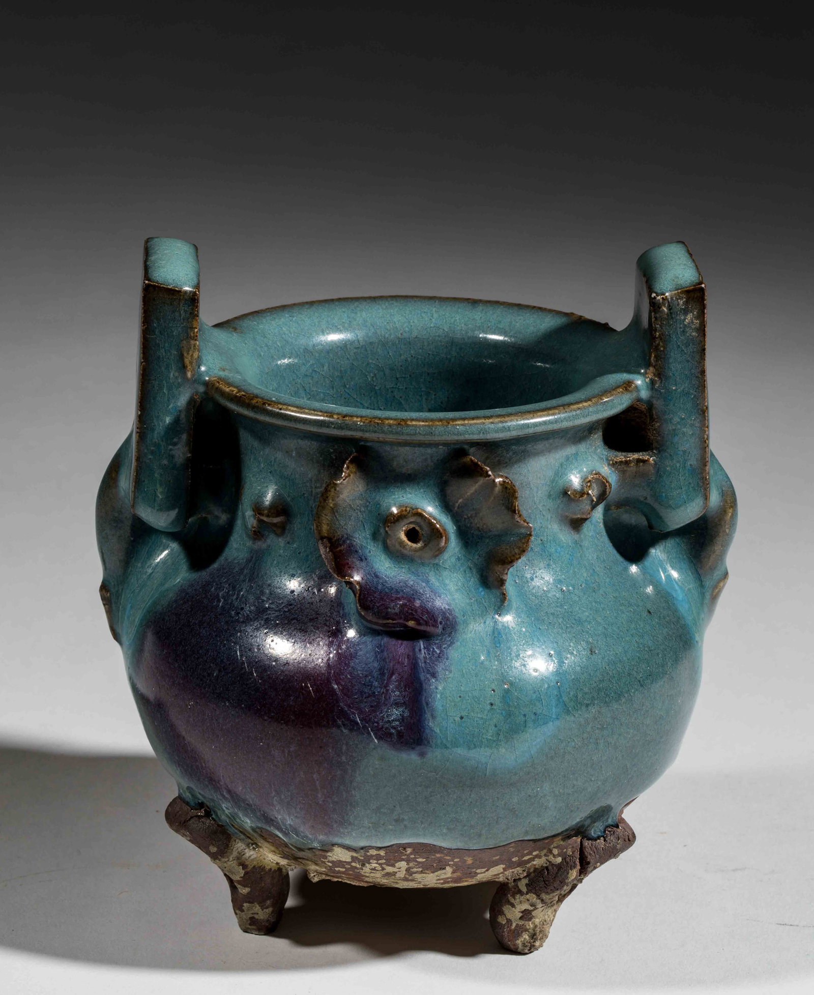 “Jun?? perfume burner in the form of a Ding tripod molded with two high-relief floral motifs and (1 of 6)