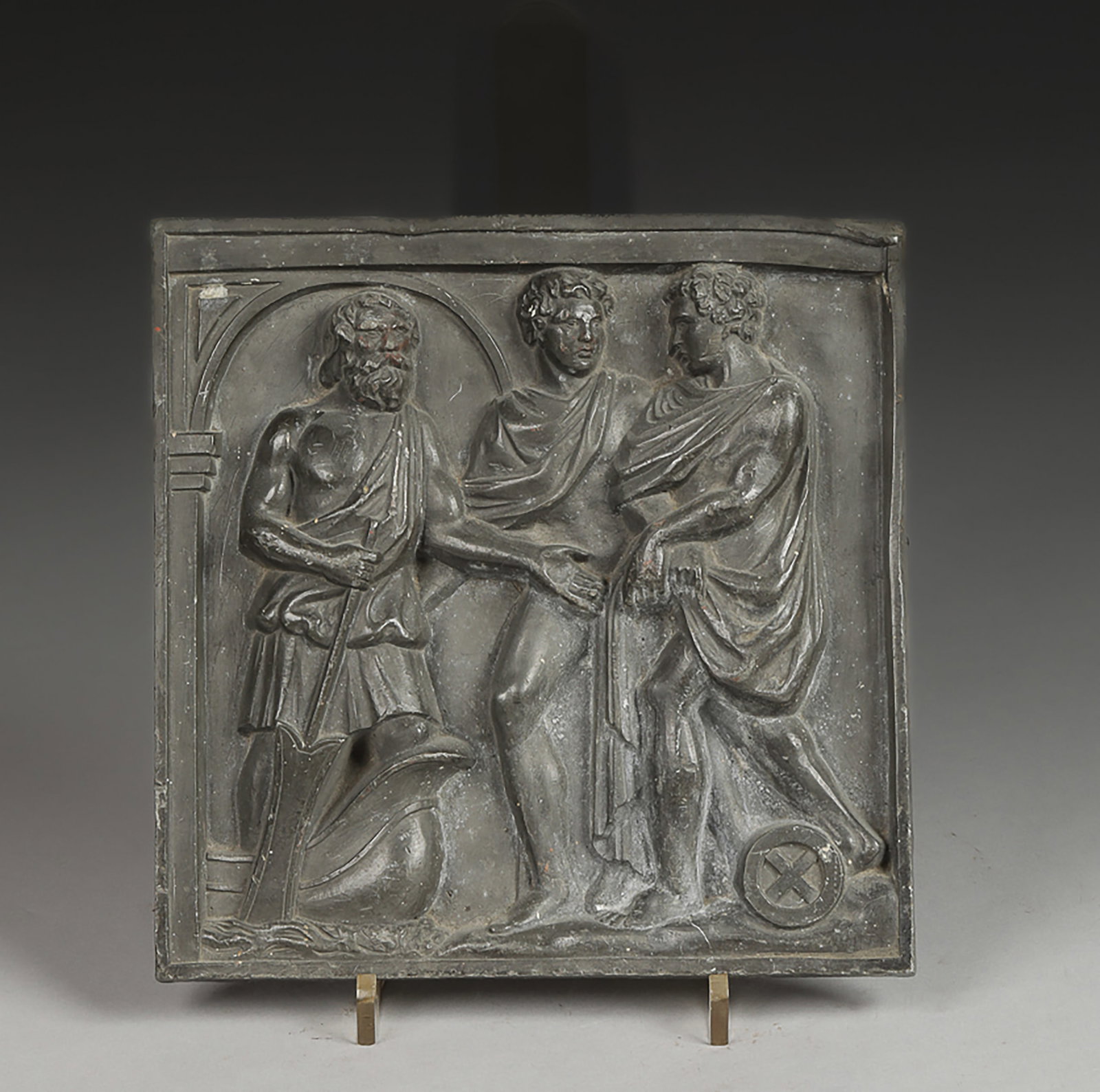 Cast lead plaque illustrating a mythological scene in the classical Roman style. 17th century.: Measurements: 21 x 21cm. Lot in international warehouse (outside the EU). For shipments to the European Union, import duties and/or taxes will apply and are the responsibility of the buyer.