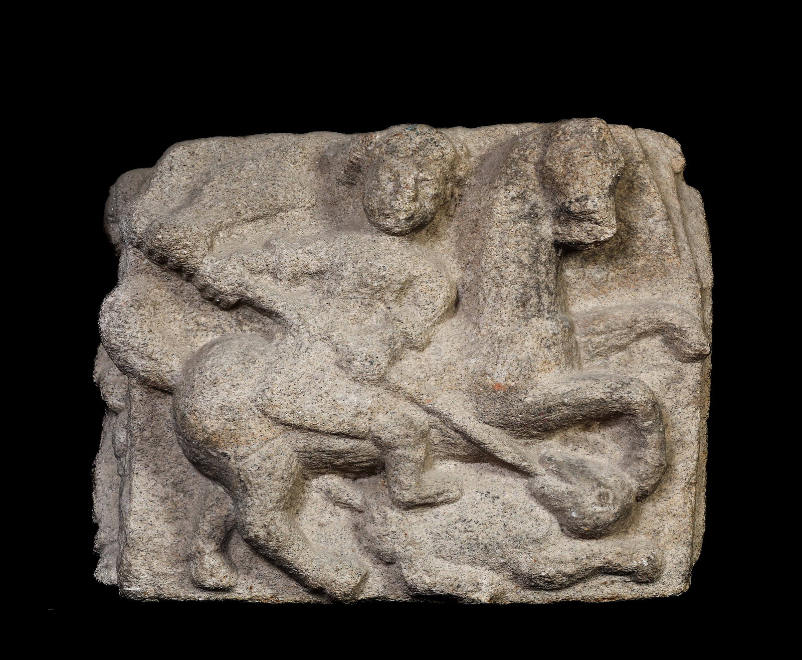 Capital carved on all four sides of St. George on horseback killing the Dragon, 12th-century: With four sides depicting Saint George on horseback slaying the dragon, a seated Virgin with an angel (undoubtedly a representation of the Visitation), a saint near a church, and on the fourth side, a