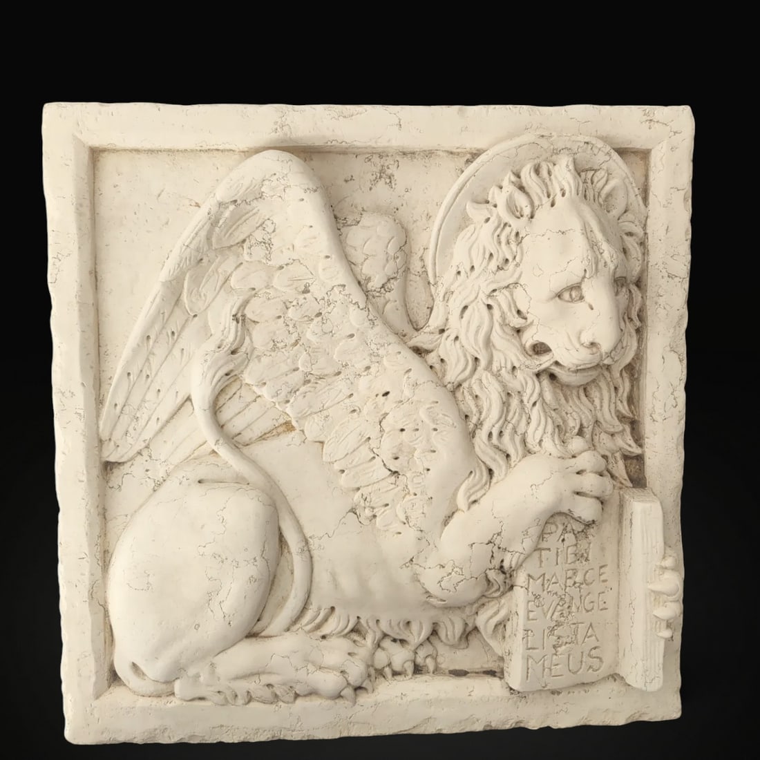 High relief in Asiago white marble depicting the Lion of Saint Mark, Italy, 20th century: Carved Asiago Biancone marble. Dimensions: 63 × 63 cm; maximum thickness 10 cm, rim thickness 5 cm. Elegant representation of the Lion of Saint Mark, from Venice, private collection, shown reclining,