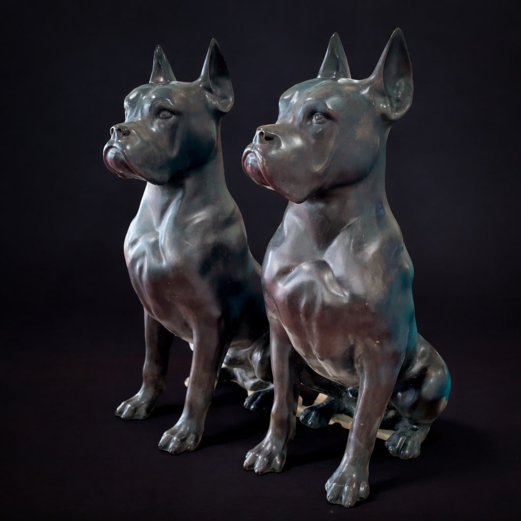 Pair of bronze boxer dogs, Italy, 20th century: Patinated bronze. Dimensions: 90 × 50 × 35 cm (each). A delightful life-size pair of figures, with carefully rendered anatomy and fine details, a beautiful patina, and balanced proportions. Suitable