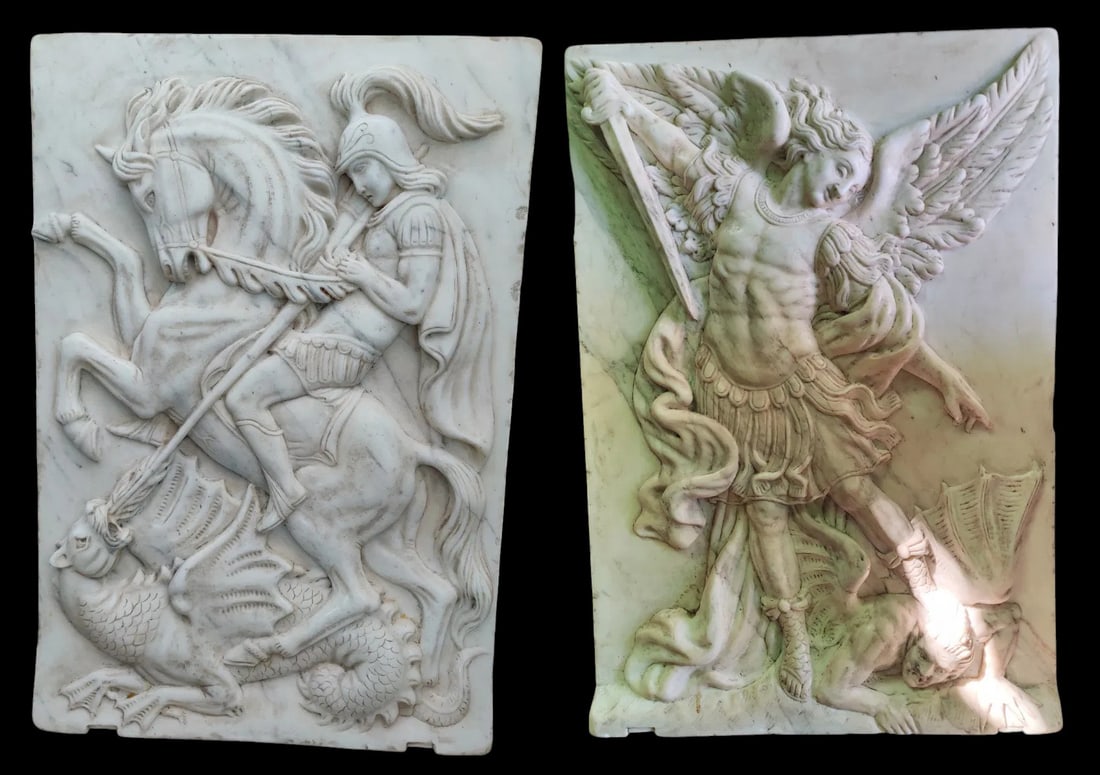 Pair of Carrara marble reliefs depicting Saint Michael the Archangel and Saint George slaying the: Carved Carrara marble. Dimensions: 55 × 81 × 5 cm (each panel). A magnificent and rare pair of high-quality reliefs with meticulous anatomical precision, depicting Saint Michael the Archangel and Sa