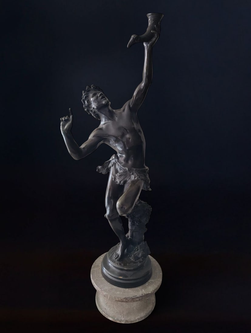 Bronze sculpture signed E. Dame depicting the grief of Orpheus, Italy, 20th century: Patinated bronze, signed E. Dame. Dimensions: 79 × 16 cm. A generously sized sculpture depicting Orpheus semi-nude with his arms raised in grief after the loss of Eurydice. He is posed dynamically an