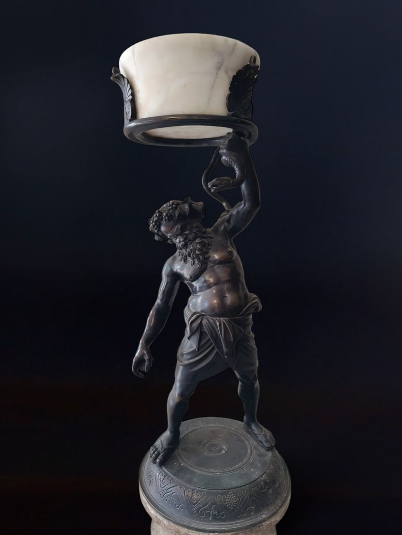 Bronze sculpture with alabaster bowl representing Pompeian Silenus, Italy, 20th century (1 of 7)