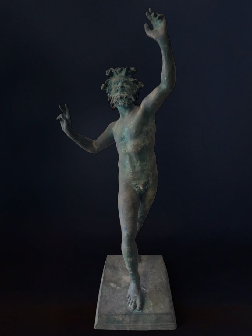 Bronze sculpture depicting a dancing faun, Italy, 20th century: Patinated bronze. Dimensions: 81 × 28 × 24 cm. Magnificent sculpture of a faun in a dynamic pose, captured in full motion. Inspired by Roman mythology, where the faun was a deity of nature, forests,