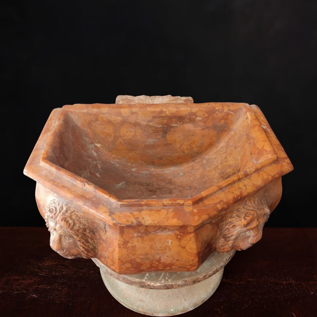Holy water font in red Verona marble with two lion faces in relief, Italy, 19th century (1 of 5)
