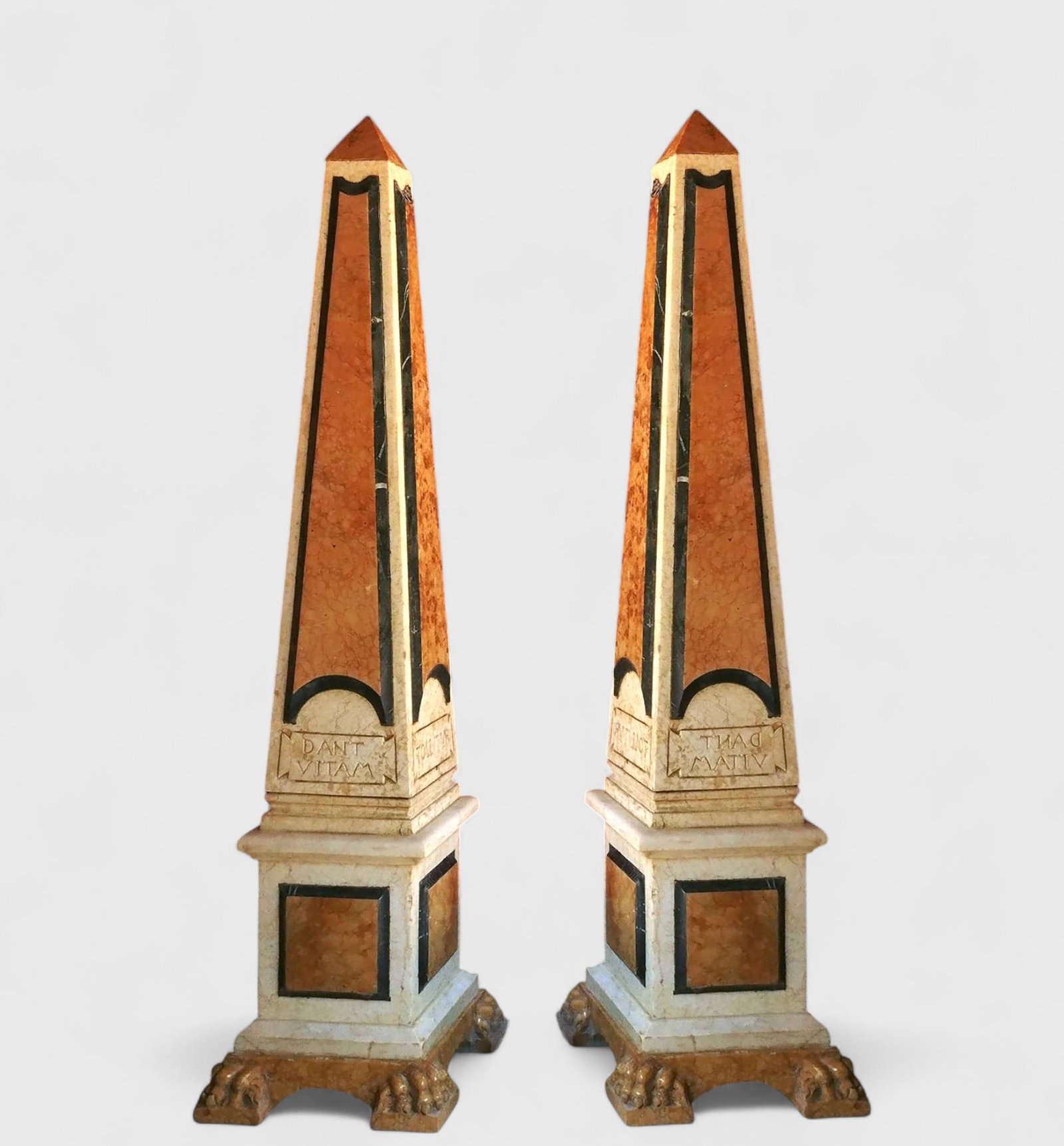 Incredible pair of large polychrome marble obelisks with Latin inscriptions, Italy: Carved and inlaid marble. Measurements: 215 x 52 x 52 cm. Weight: 512 kg. Impressive pair of large polychrome marble obelisks with various inlays. They come from a prestigious Venetian pharmacy, datin