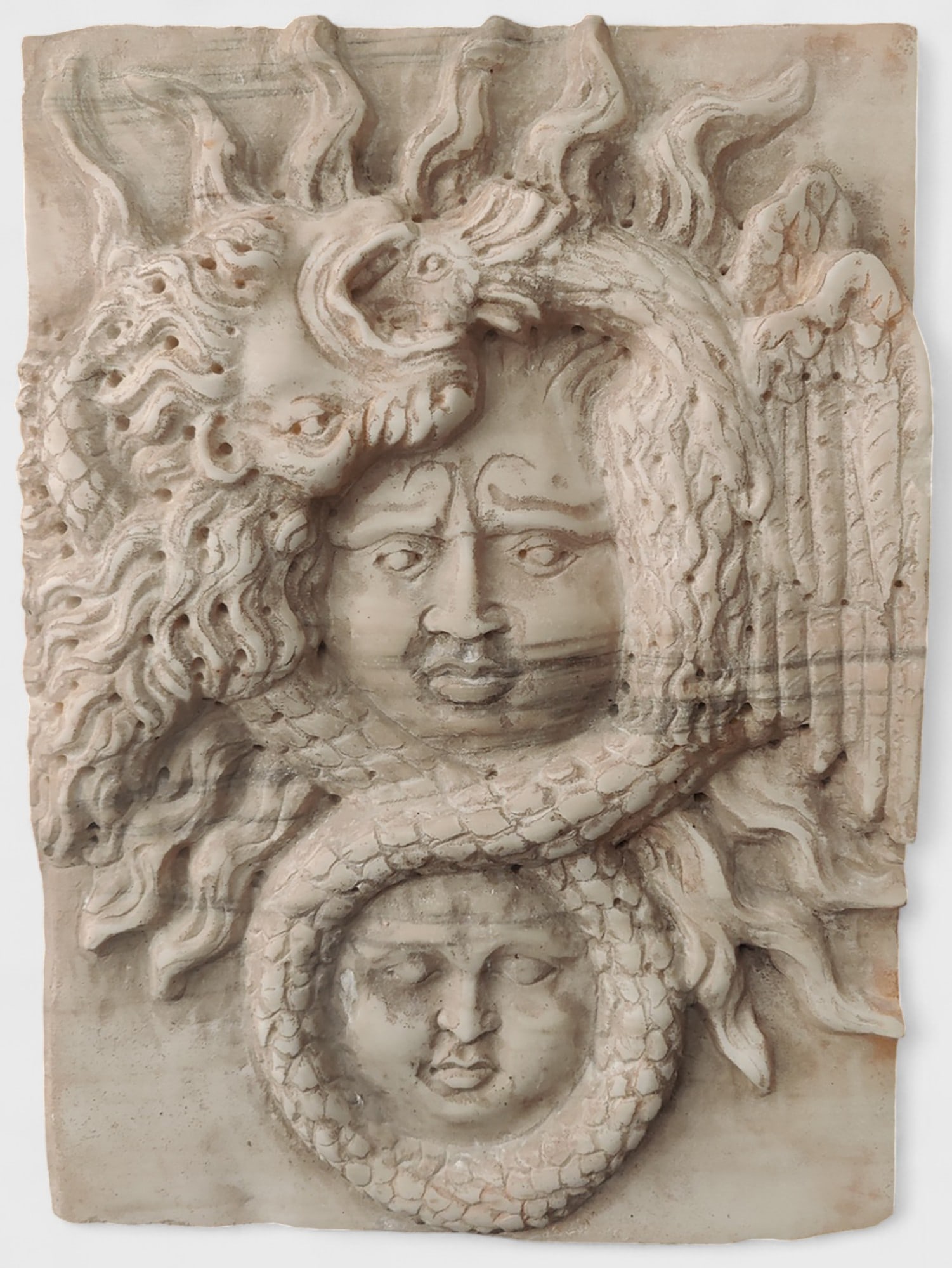 Carrara Calacatta marble relief with an occult theme, Italy: A magnificent work from Venice, a private collection. With a clear mythological theme, it is generously sized and has balanced proportions. Dimensions: 42 x 56 x 9 cm. Batch in international warehouse