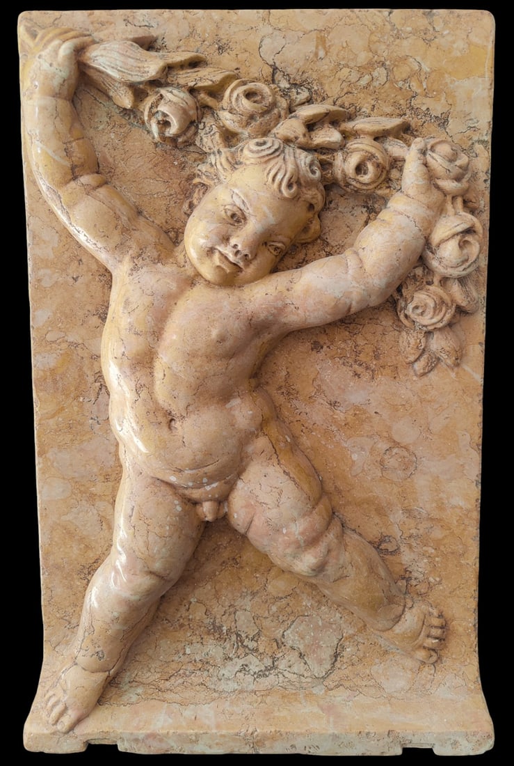 Yellow carved marble panel with allegorical putto of spring, Italy, 19th century (1 of 5)