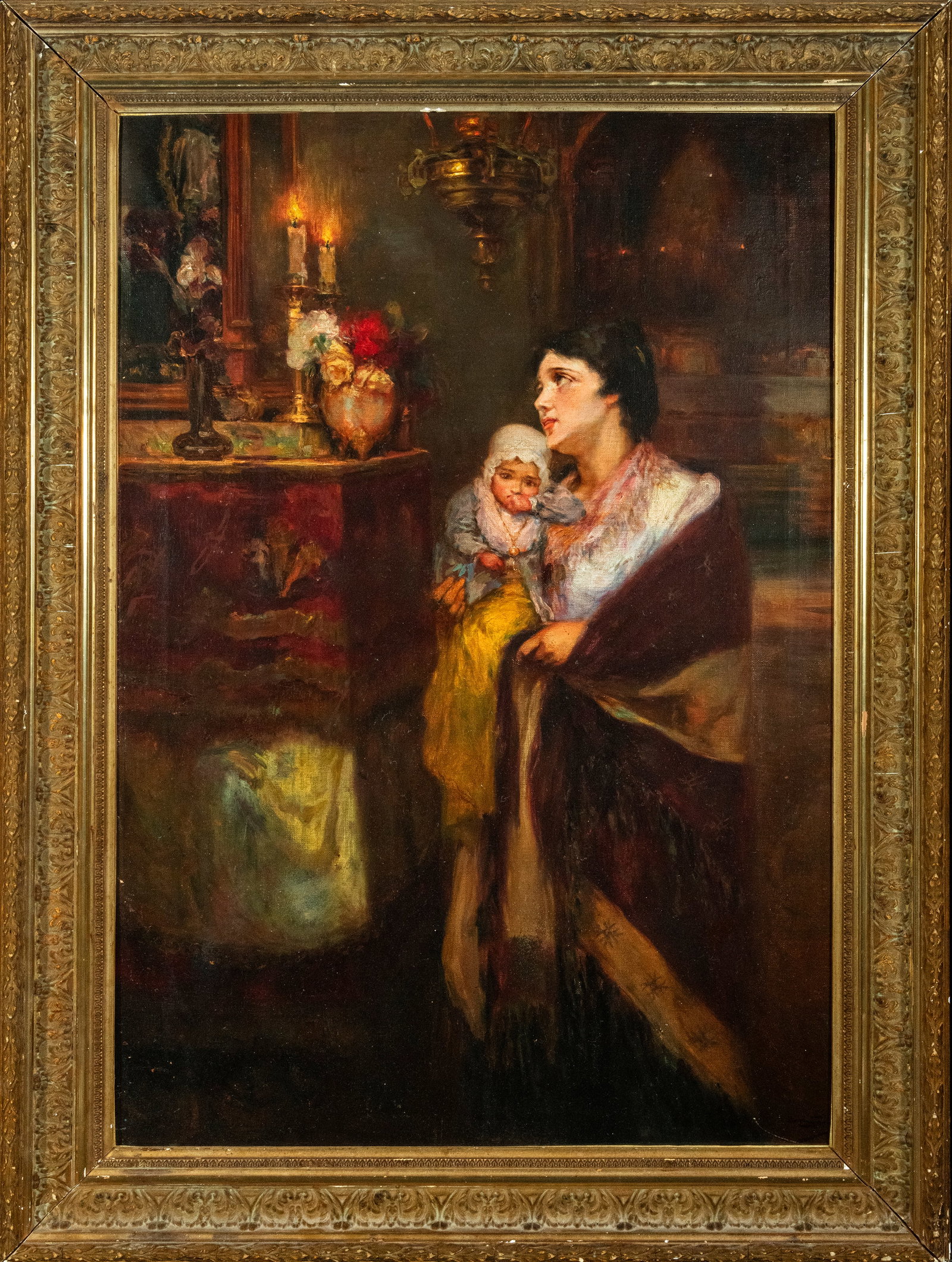 Allegory of Motherhood - Ricardo Brugada y Panizo (Barcelona, 1867-Barcelona, 1919), 19th century: Signed lower right corner, framed measurements: 100 x 75 cm. Born in Barcelona in 1867, he learned from Antonio Caba. He lived part of his life in Andalusia, a region that he portrayed in costumbrista