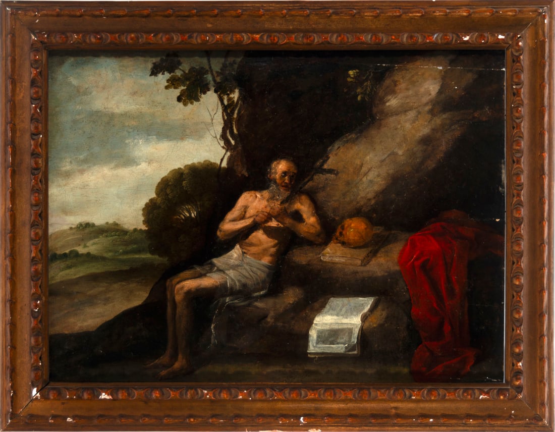 Abraham Teniers (Antwerp, 1629 – 1670), Saint Jerome in Meditation, Flemish school of the 17th: Signed. Oil on panel, measurements: 65 x 50 cm (the panel), framed measurements: 78 x 60 cm. Provenance: important private collection, Madrid.