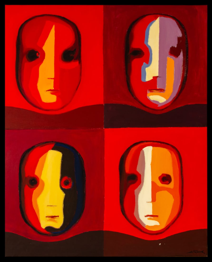 "Masks", Toni Rovira, contemporary Catalan school of the 20th century: Oil on canvas: 100 x 80 cm. Toni Rovira was born in Tiana (Barcelona). A painter with a long national and international career, he is sponsored by Lola Anglada, a universal Catalan painter. His work h