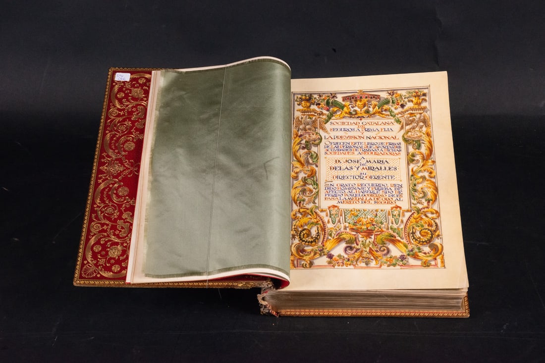 Catalan Fixed Premium Insurance Society and the National Prevision. Jose Maria de Delas y Miralles: Exceptional and unique handwritten copy entitled Catalan Society of Fixed Premium Insurance and National Welfare; offer this book of signatures of the people who contribute their work activities to sa