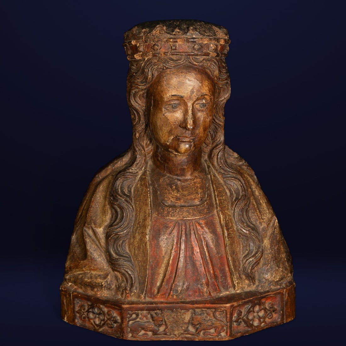 Important Reliquary Bust of Saint Barbara, Italian Renaissance, 16th century: In polychrome wood, measures 52 x 46 x 20 cm.
