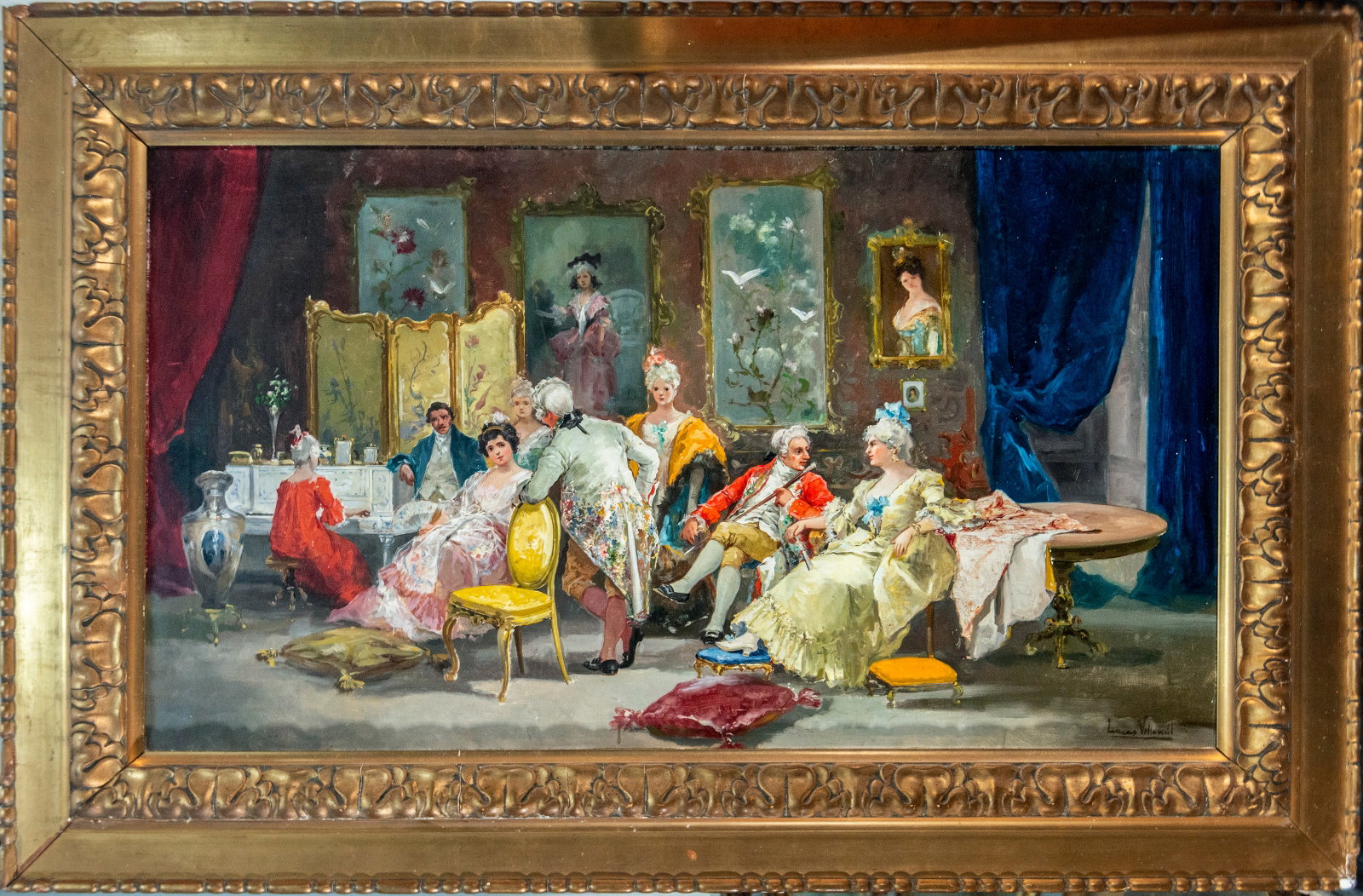LUCAS VILLAMIL, SIGNED - GALLANT SCENE INSIDE: Oil on canvas. Dimensions 107 x 62 / 131 x 86 cm. Spanish School of the 19th-20th centuries