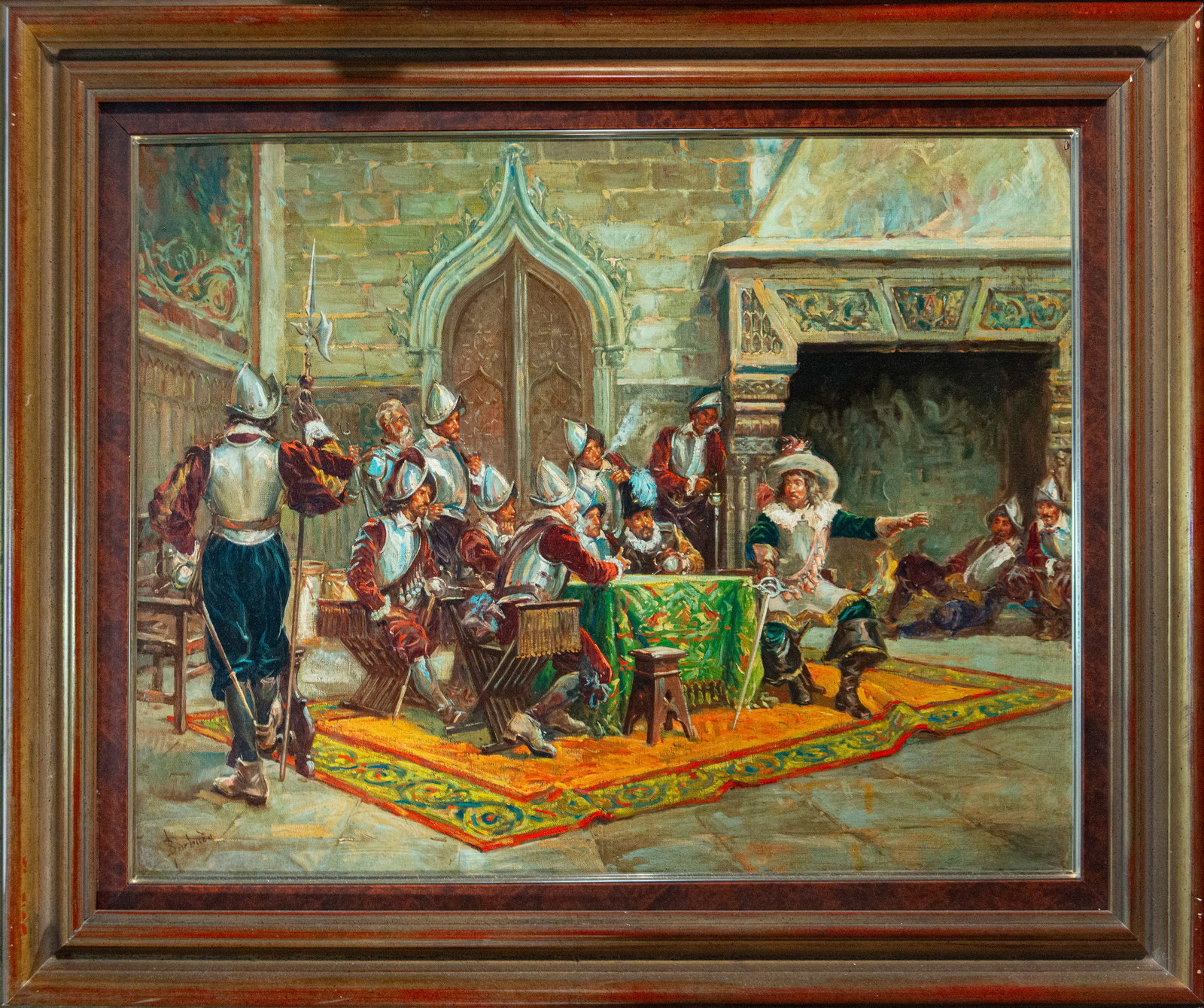 Interior with soldiers and gentleman, Salvador Barbudo (1857-1917): Oil on canvas. Dimensions 78 x 62 / 101 x 87 cm. Historical interior scene with a group of soldiers gathered around a table and an elegantly dressed main figure who dominates the action with a theatri
