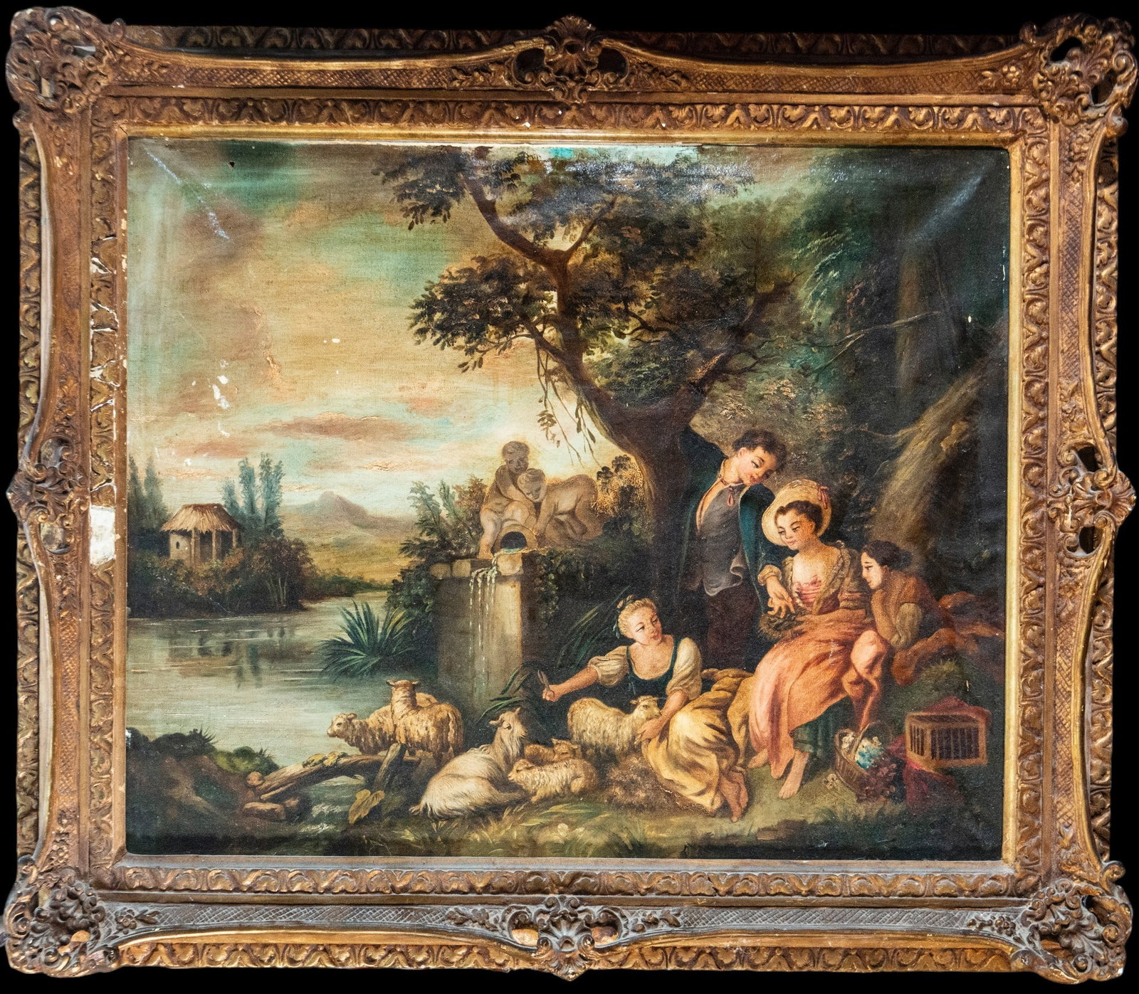 Country scene with figures and sheep, French Romantic school of the 19th century: Oil on canvas. Measurements 72 x 61 / 92 x 78 cm.