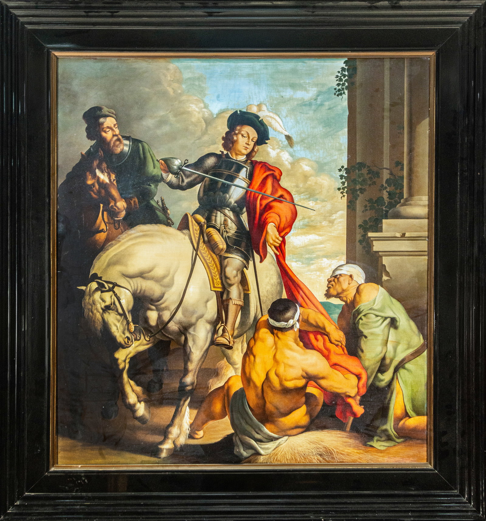 Saint Martin and the Beggar, Spanish School, 19th Century: Oil on panel. Dimensions 123 x 111 / 149 x 137 cm. A religious composition centered on the equestrian figure of Saint Martin, dressed in armor and a wide red cloak, at the moment of giving part of his