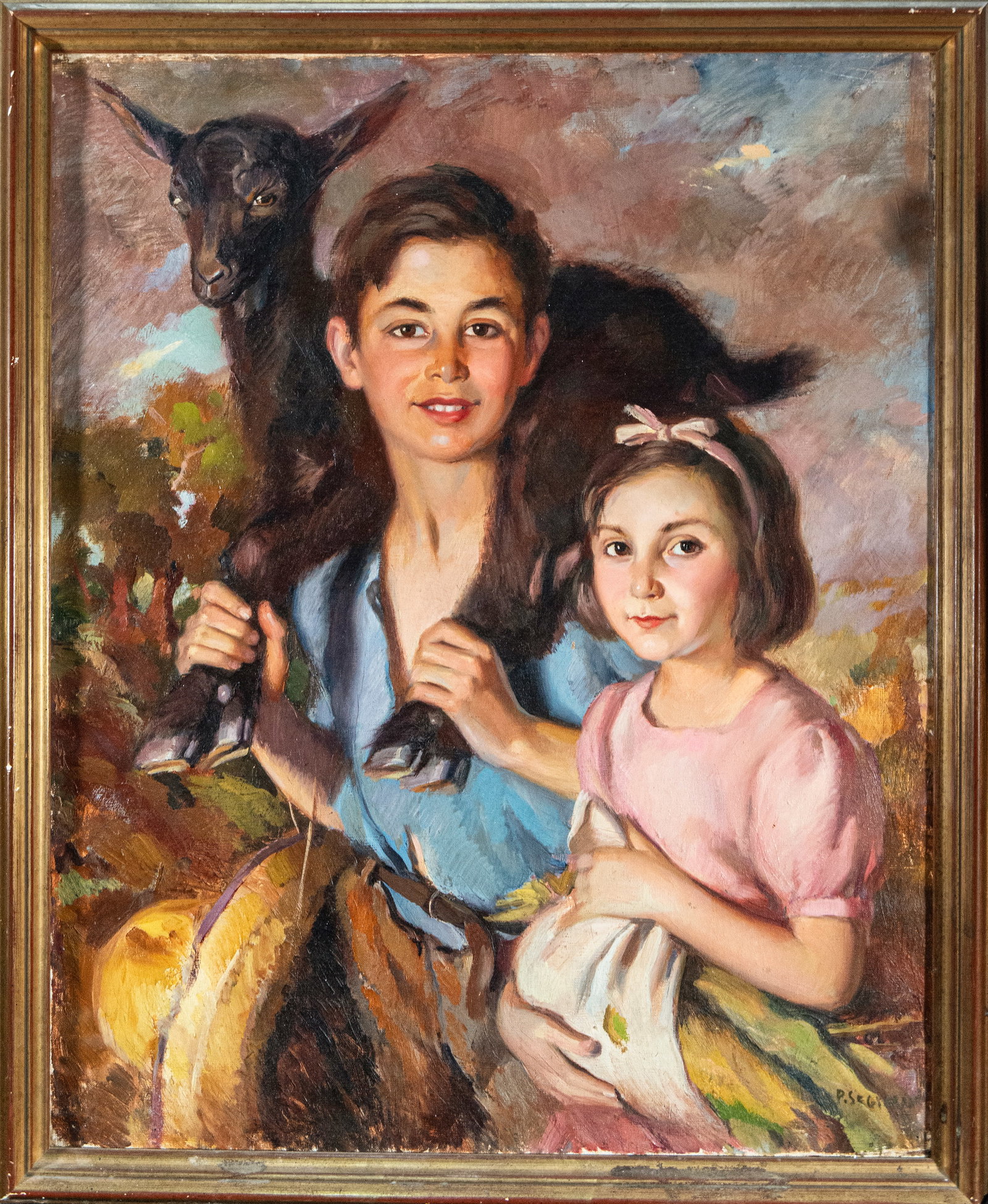 Portrait of Infantes, PERE SEGIMÓN CISA, 20th Century Spanish School: Oil on canvas. Dimensions 83 x 65 / 89 x 72 cm. A children's portrait with a folksy feel, depicting two children in the foreground, accompanied by a black goat that stands behind them, reinforcing the