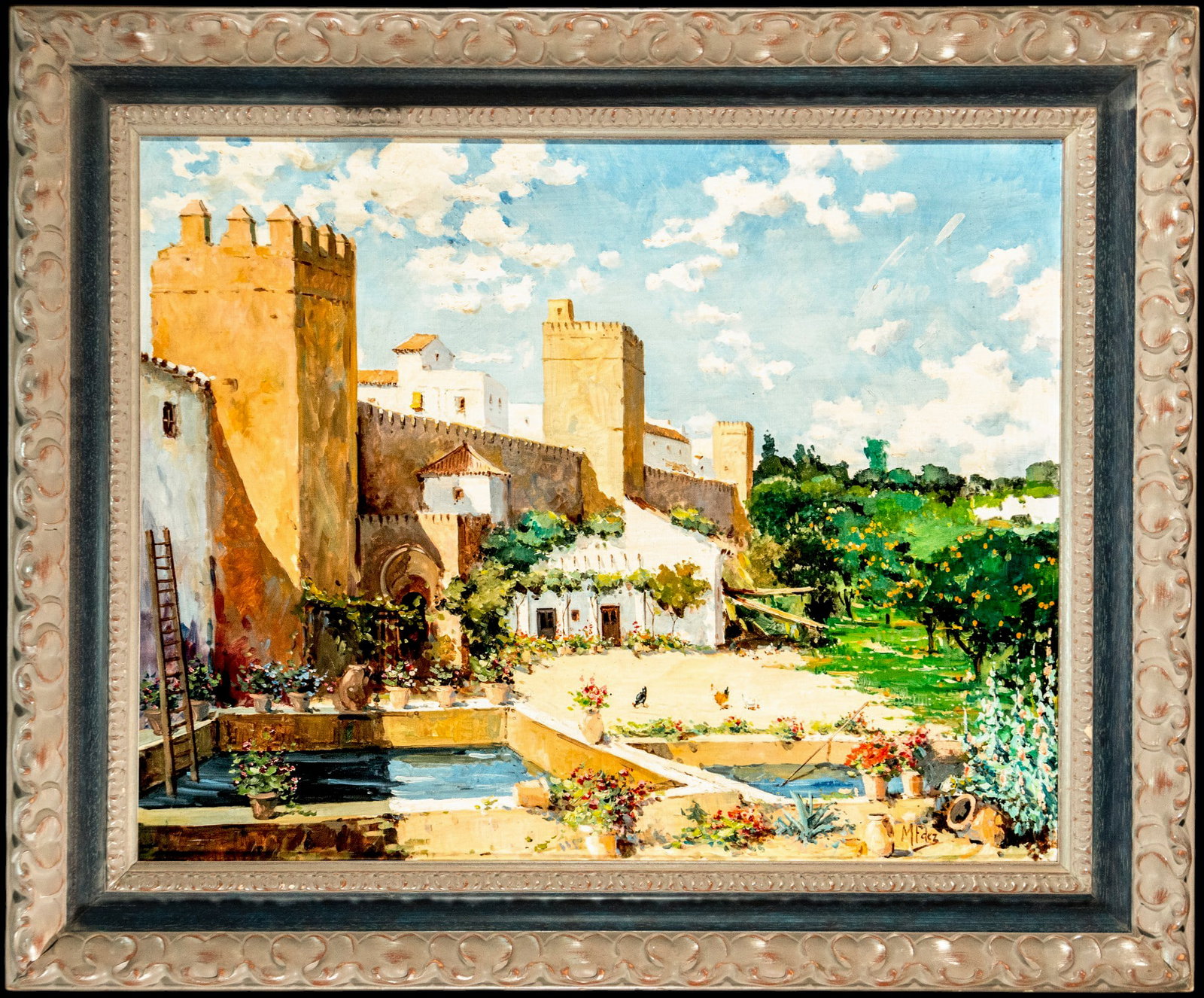 View of Alcala de Guadaíra, signed, Spanish School, 20th Century: Oil on canvas. Dimensions 80 x 66 / 101 x 88 cm. A luminous landscape featuring a walled enclosure, crenellated towers, white houses, a garden, and a pool in the foreground, rendered with a light pale