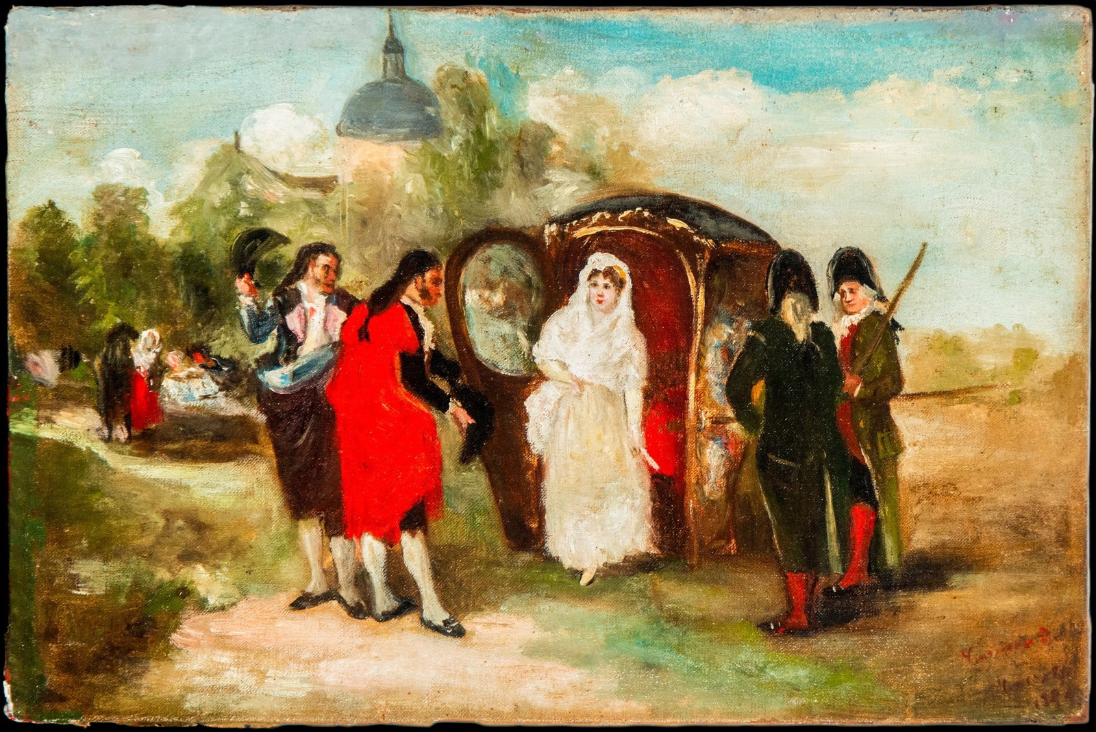 Lady descending from the carriage, signed, Spanish School, 19th century: Oil on canvas. Measures 40 x 26 cm. A small-format genre scene depicting a young woman dressed in white stepping out of a carriage, surrounded by dandies and other local figures in an open landscape. 